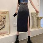 High-waist Gradient Side-slit Denim Skirt