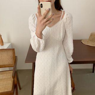Long-sleeve Tie Strap Shirred Plain Dress