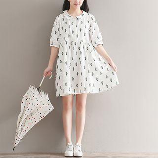 Cactus Print Elbow-sleeve Shirt Dress