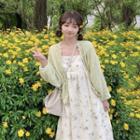Long-sleeve Plain Open Knit Cardigan / Floral Pinafore Dress