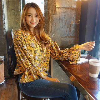 Long-sleeve Frill-cuff Tie-front Floral Top