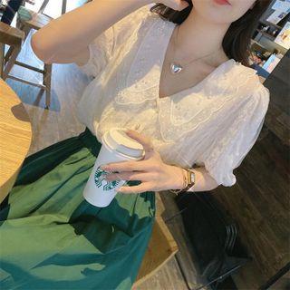 Set: Short-sleeve Lace Collar Blouse + Midi A-line Skirt