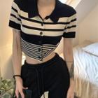 Short-sleeve Striped Cropped Cardigan Stripe - Black & White - One Size