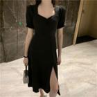 Plain Short Sleeve V-neck Side-slit Dress