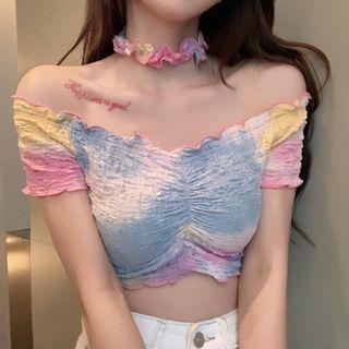 Off-shoulder Tie-dye Print Crop Top Pink & Yellow & Blue - One Size