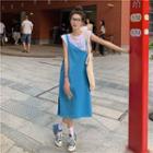 Lettering Oversize Cutout Tank Top / Plain A-line Dress