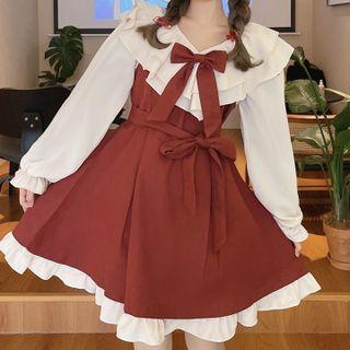 Ruffle Trim Blouse / Bow Overall Dress