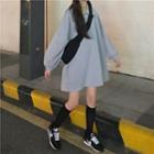 Plain Long-sleeve Loose-fit Dress Gray - One Size