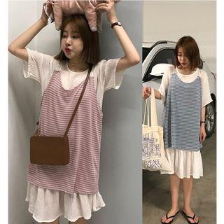 Set: Short-sleeve Dress + Striped Top
