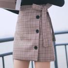 Plaid Button Detail A-line Skirt