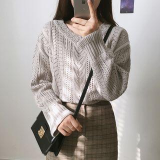 V-neck Open Knit Plain Sweater
