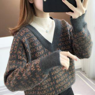 Mock Two-piece Lettering Jacquard Sweater