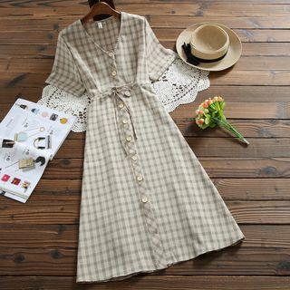 Plaid Button-front Short-sleeve Dress