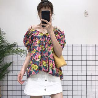 Elbow-sleeve Cold Shoulder Floral Top As Shown In Figure - One Size