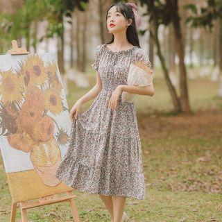Short-sleeve Floral Print Tiered Midi A-line Dress