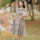 Short-sleeve Floral Print Tiered Midi A-line Dress