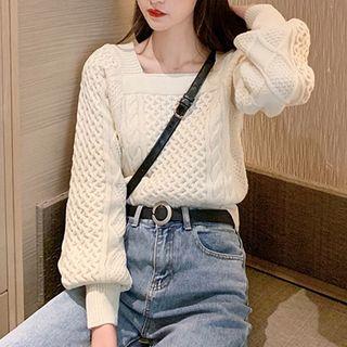 Puff Sleeve Square Neck Cropped Cable Knit Top