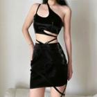 Set: One-shoulder Lace Up Cropped Camisole Top + Mini Pencil Skirt