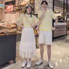 Couple Matching Short-sleeve Striped T-shirt / Midi Mesh Skirt / Shorts