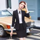 Collared Blouse / Blazer / Dress Pants / Mini Pencil Skirt / Double-breasted Vest / Set