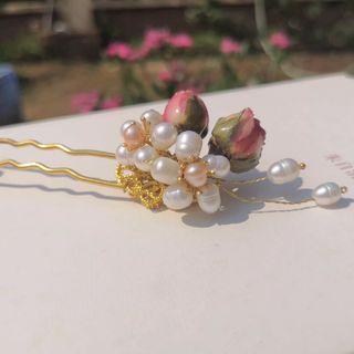Faux Pearl Floral Hair Stick Gold - One Size