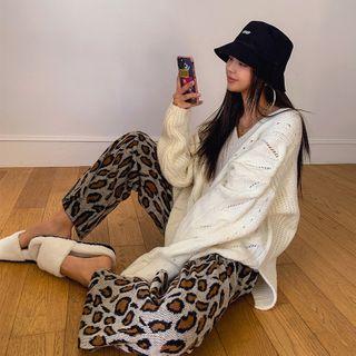 Slit-side Leopard Wide-leg Knit Pants
