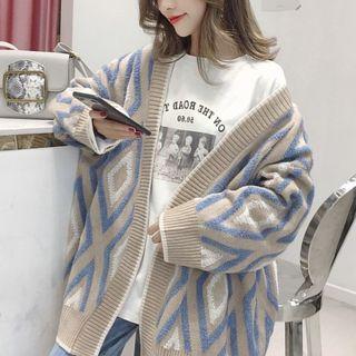 V-neck Argyle Print Open Front Cardigan