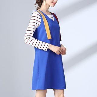 Set: Striped Long-sleeve T-shirt + Color Block Pinafore Dress