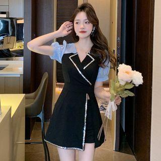 Short-sleeve V-neck Rhinestone Trim Asymmetric Dress