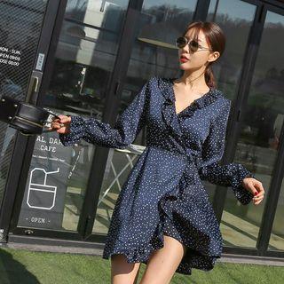 Frilled Dotted Chiffon Mini Wrap Dress