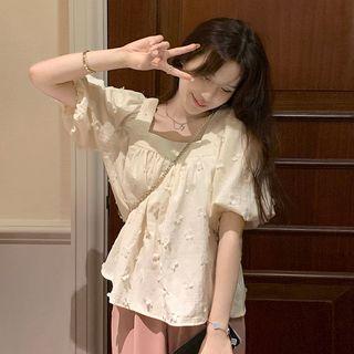 Puff-sleeve Applique Blouse Almond - One Size