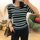 Striped Drawstring Elbow-sleeve Knit Top