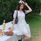 Short-sleeve Lace Trim Drawstring Mini A-line Dress