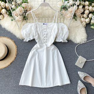 Suspender Off-shoulder Cutout Puff-sleeve Dress