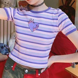 Heart Embroidered Striped Cropped T-shirt