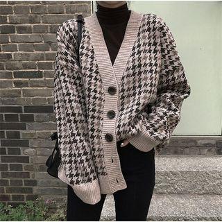 Houndstooth V-neck Cardigan Gray - One Size