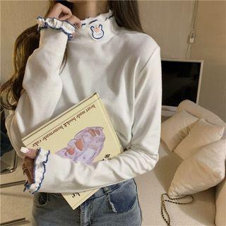 Mock-neck Long-sleeve Rabbit Embroidered T-shirt