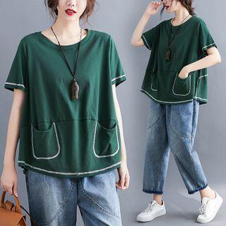 Plain Round-neck Short-sleeve T Shirt Green - F