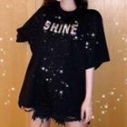 Distressed Short-sleeve Sequined Letter Printed T-shirt