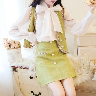 Set: Long-sleeve Ribbon Blouse + Buttoned Vest + A-line Mini Skirt