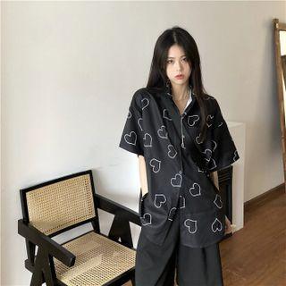 Elbow-sleeve Heart Print T-shirt White Heart - Black - One Size