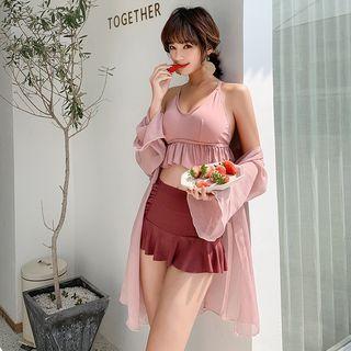 Set: Ruffle Trim Tankini Top + Swim Skirt + Cover-up