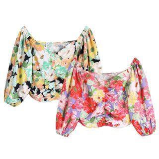 Balloon-sleeve Print Cropped Blouse