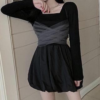 Set: Long-sleeve Panel Dress + Sleeveless Mesh Top