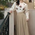 Set: Floral Embroidered Sweater + Midi A-line Skirt