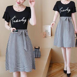 Mock Two-piece Short-sleeve Checker A-line Dress