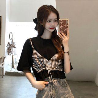 Mock Two-piece Short-sleeve Plaid Drawstring T-shirt