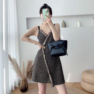 Set: Mock Neck Plain Knit Top + Furry Trim Sleeveless Dress