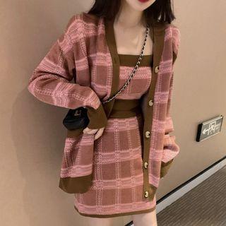 Plaid Knit Camisole / Plaid Cardigan / Mini Plaid Knit Skirt / Set