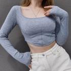Square-neck Plain Striped Cropped Top